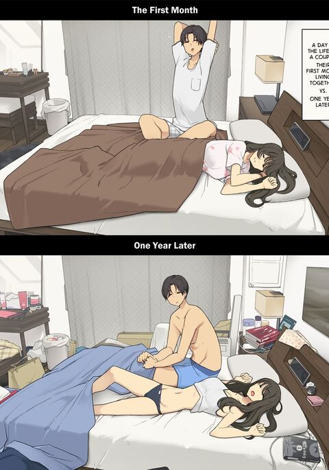 Dousei Seikatsu Ikkagetsume to Ichinen Ato, Asaokite kara Shuushin made no Hikaku | A Day in the Life of a Couple: Their First Month Living Together vs. One Year Later