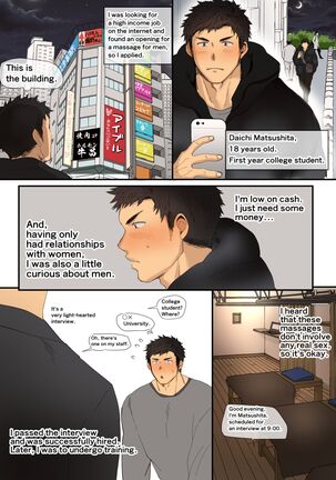 A manga about an athletic college student who receives sexually explicit massage training from an older manager - Page 1