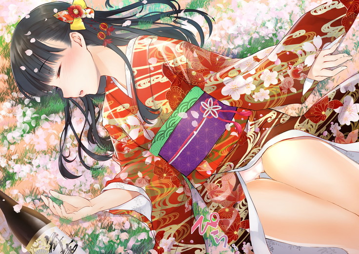 桜舞い散る樹の下で和服少女と種付けセックス