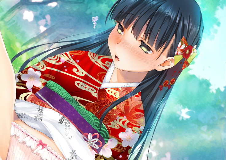 桜舞い散る樹の下で和服少女と種付けセックス