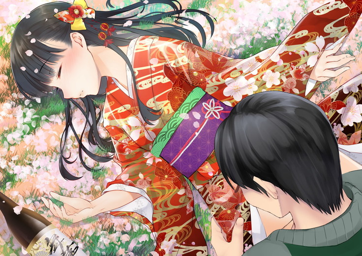 桜舞い散る樹の下で和服少女と種付けセックス