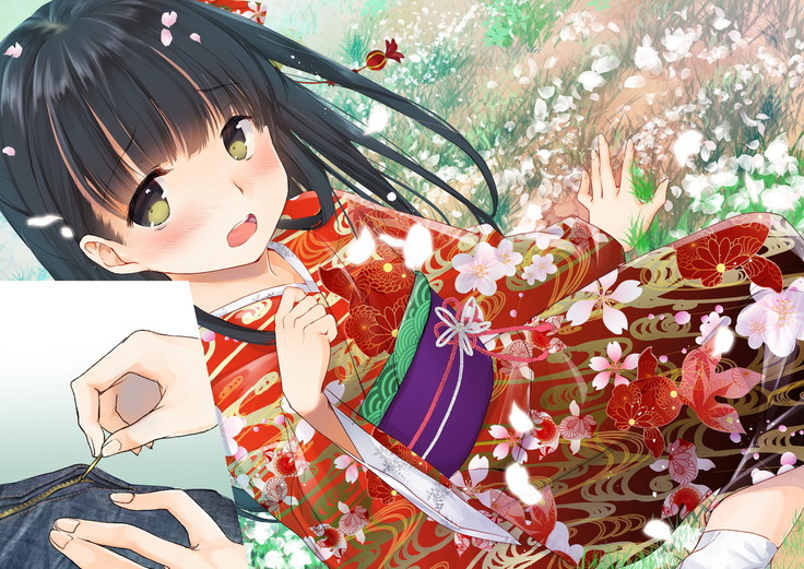 桜舞い散る樹の下で和服少女と種付けセックス