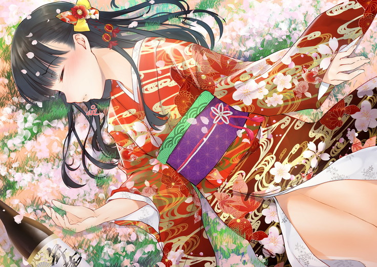 桜舞い散る樹の下で和服少女と種付けセックス