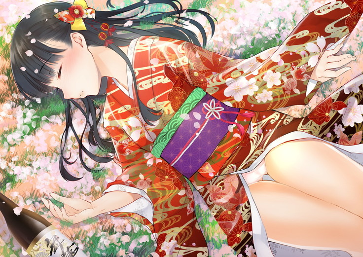 桜舞い散る樹の下で和服少女と種付けセックス