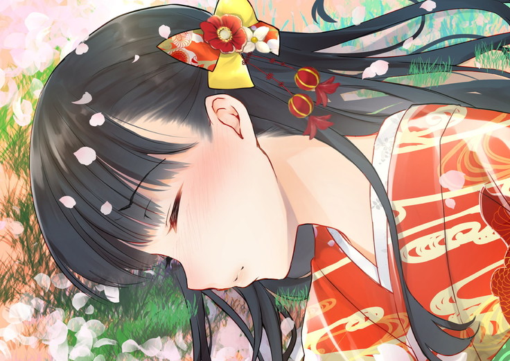 桜舞い散る樹の下で和服少女と種付けセックス