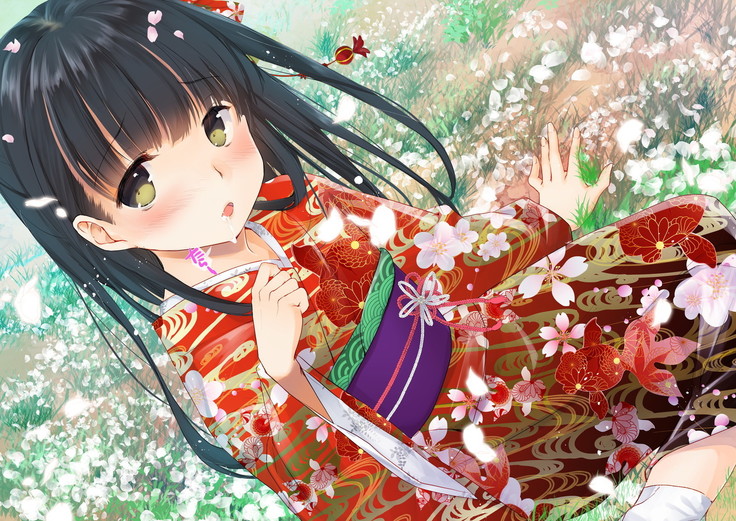 桜舞い散る樹の下で和服少女と種付けセックス