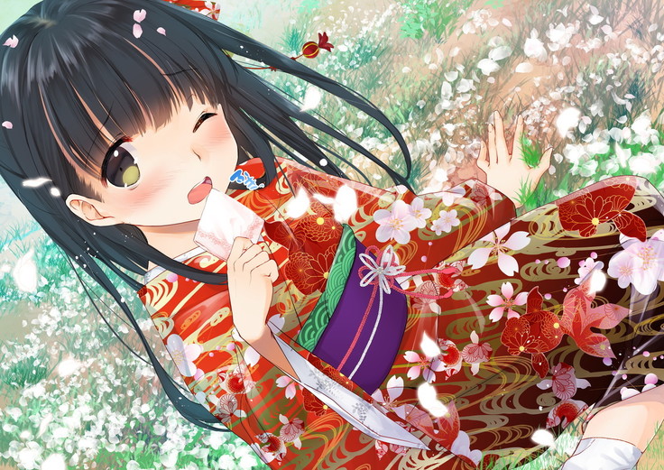 桜舞い散る樹の下で和服少女と種付けセックス