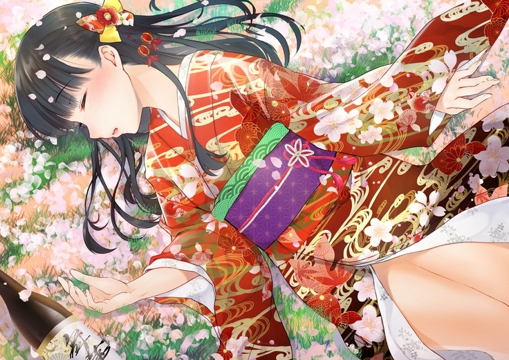 桜舞い散る樹の下で和服少女と種付けセックス